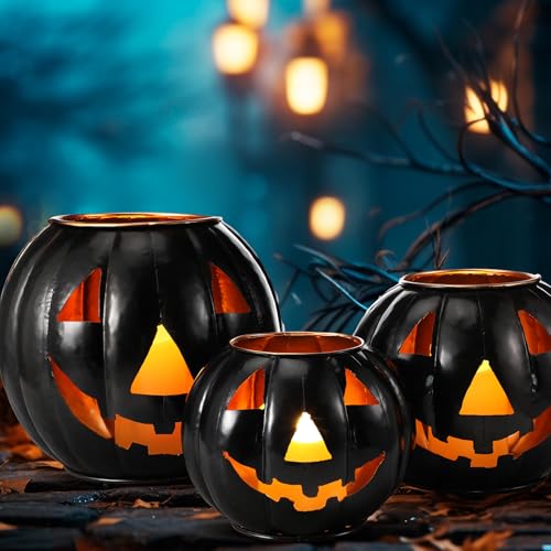 3 Sets Halloween Metal Jack O Lanterns Pumpkin with 3 LED Candles with Black Creepy Cloth Decoration Bundle L45567