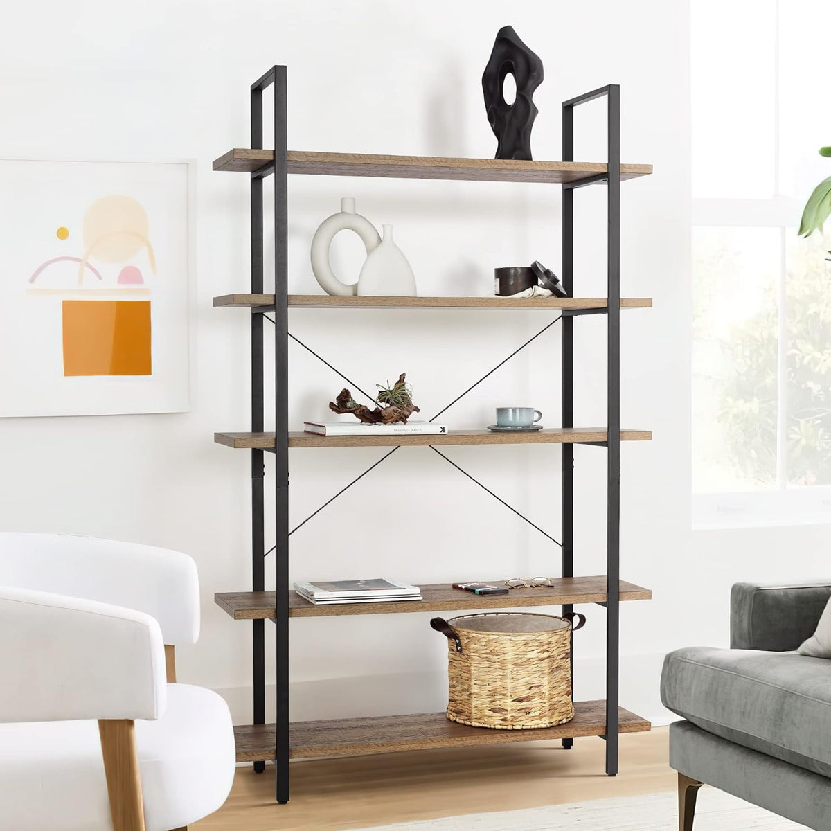 Industrial 5-Tier Bookcase with Metal, Oak K208132