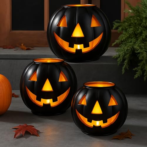 3 Sets Halloween Metal Jack O Lanterns Pumpkin with 3 LED Candles with Black Creepy Cloth Decoration Bundle L45567