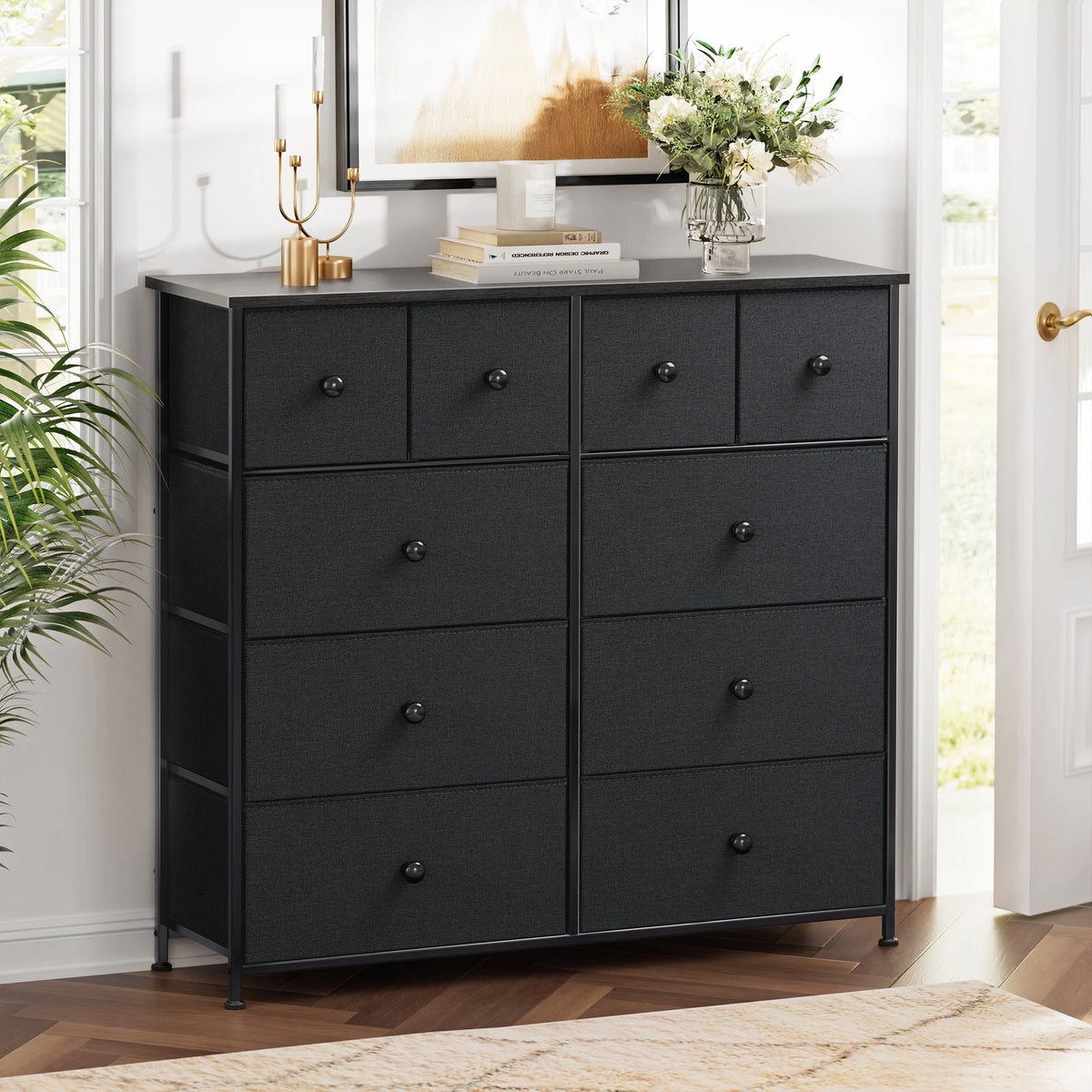 10 Drawer Fabric Dresser with Wood Top D4698