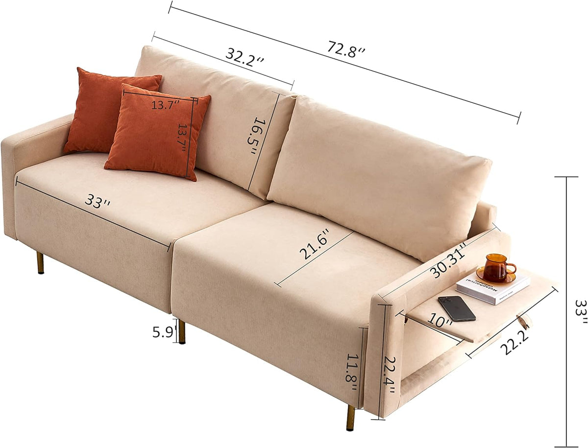 Beige Fabric Loveseat Couch with Removable Tray and Adjustable Metal Legs O33253