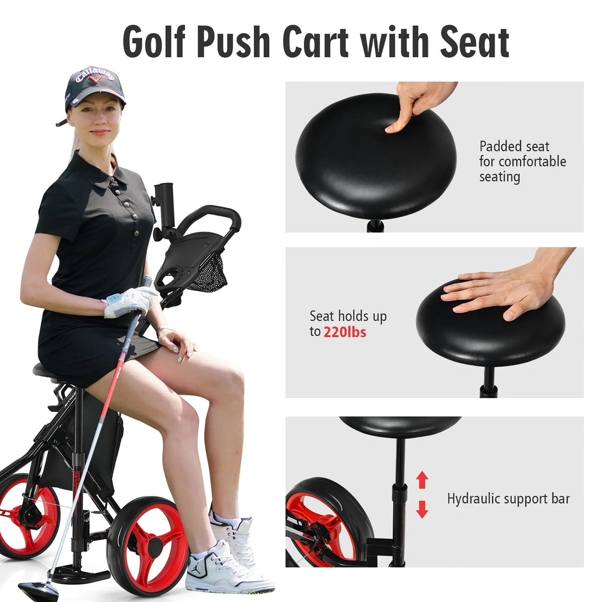 Folding 3 Wheels Golf Push Cart with Seat Blue P74565