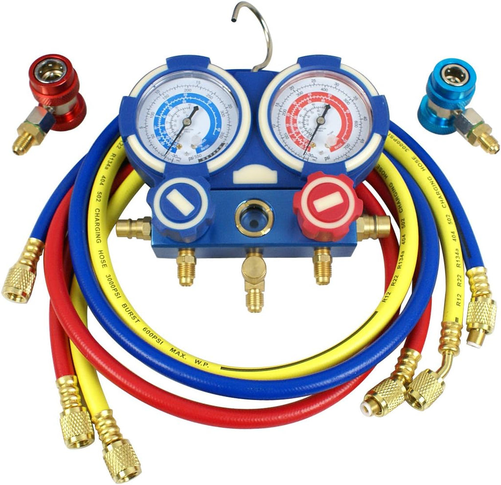 A/C Manifold Gauge Set R134a Refrigeration Kit Brass 4FT w/Case, 1/4 SAE Fittings C985925
