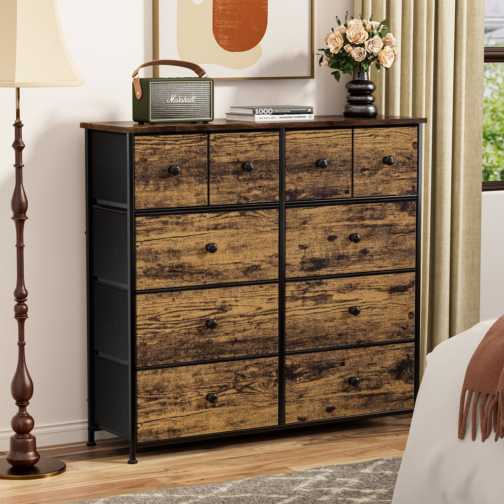 10 Drawer Fabric Dresser with Wood Top D4698