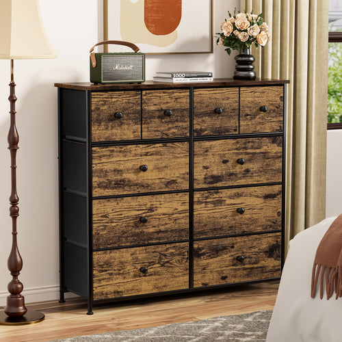 10 Drawer Fabric Dresser with Wood Top D4698