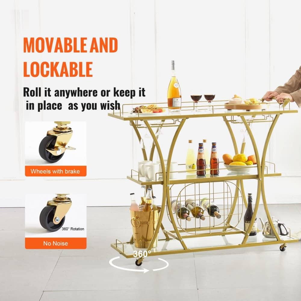 3 Tiers Metal Bar Serving Cart with Wine Rack Glass Holder T445470