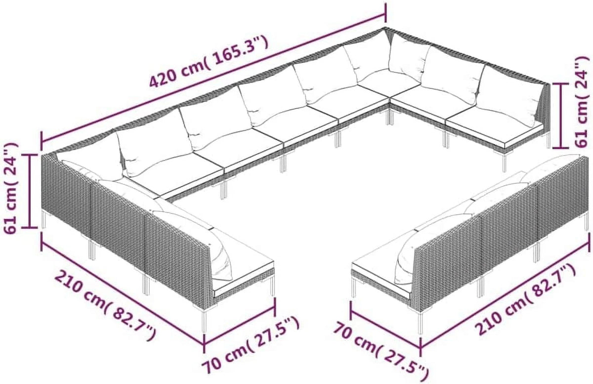 12 Piece Patio Lounge Set with Cushions Poly Rattan Dark Gray T3070