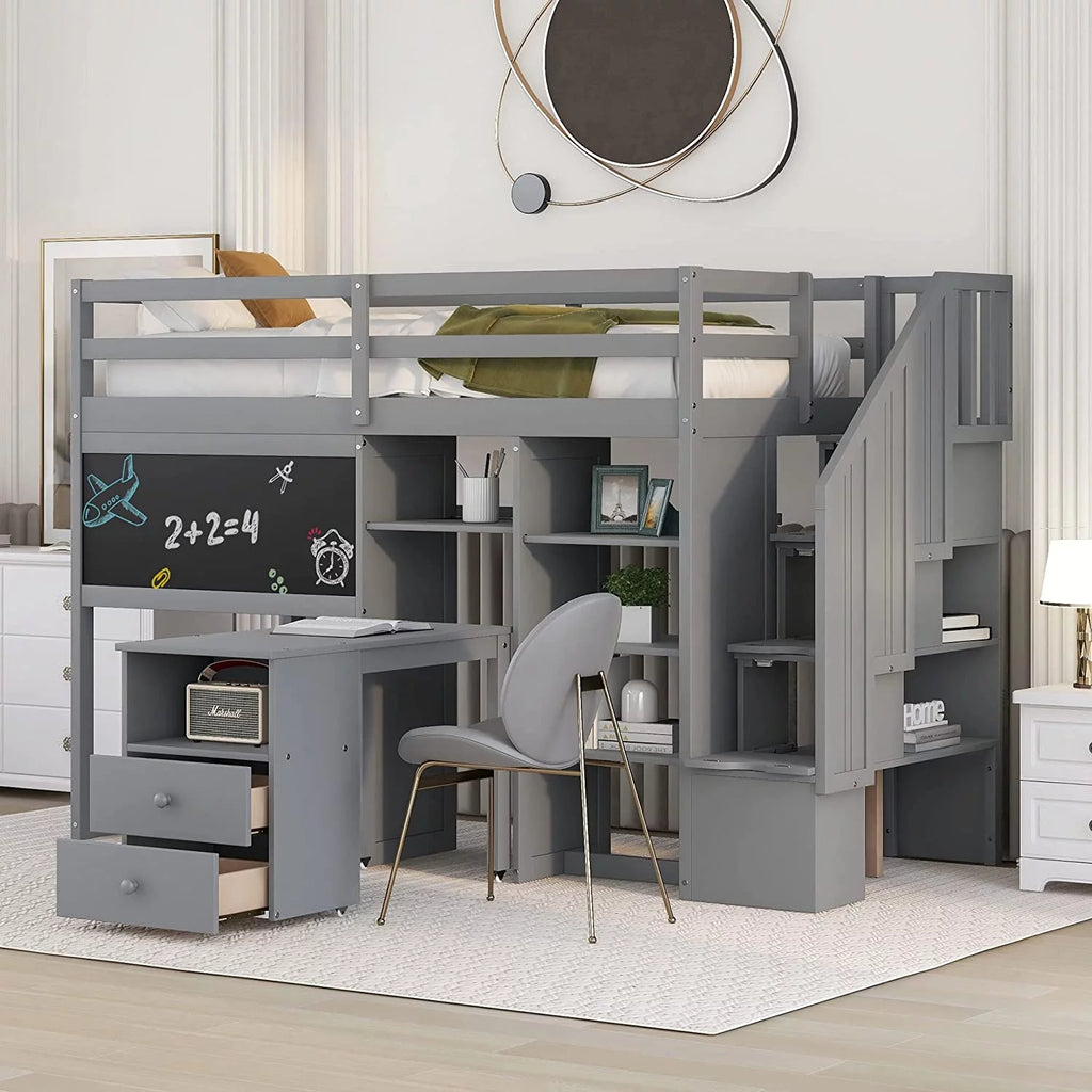 Grey Twin Size Wood Loft Bed with Desk and Storage I8250