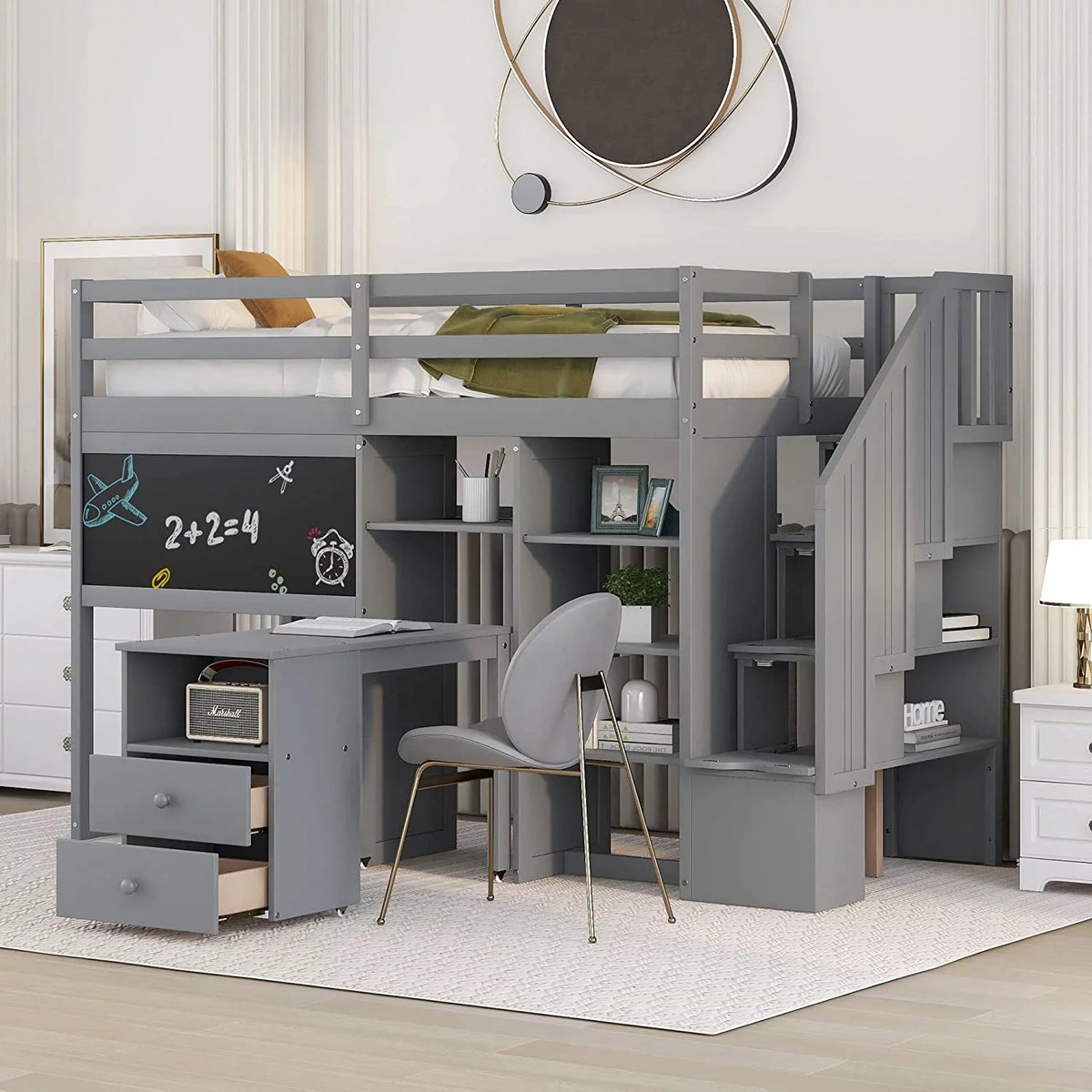 Grey Twin Size Wood Loft Bed with Desk and Storage I8250