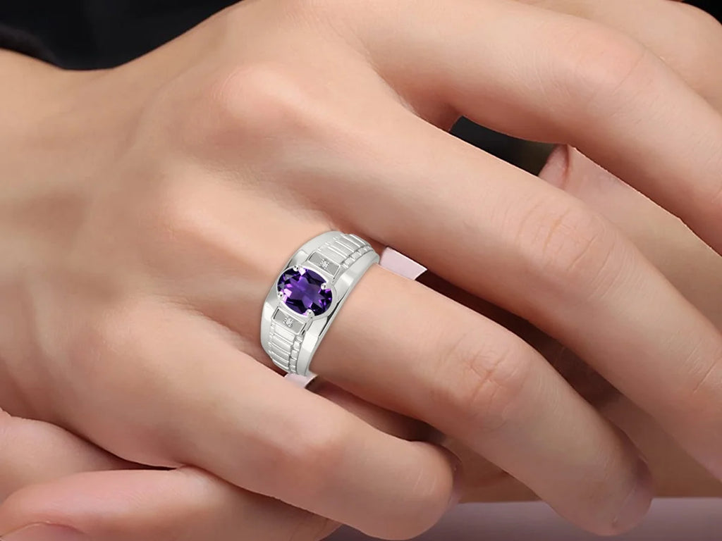 Sterling Silver Oval Gemstone & Genuine Diamond Ring U147632
