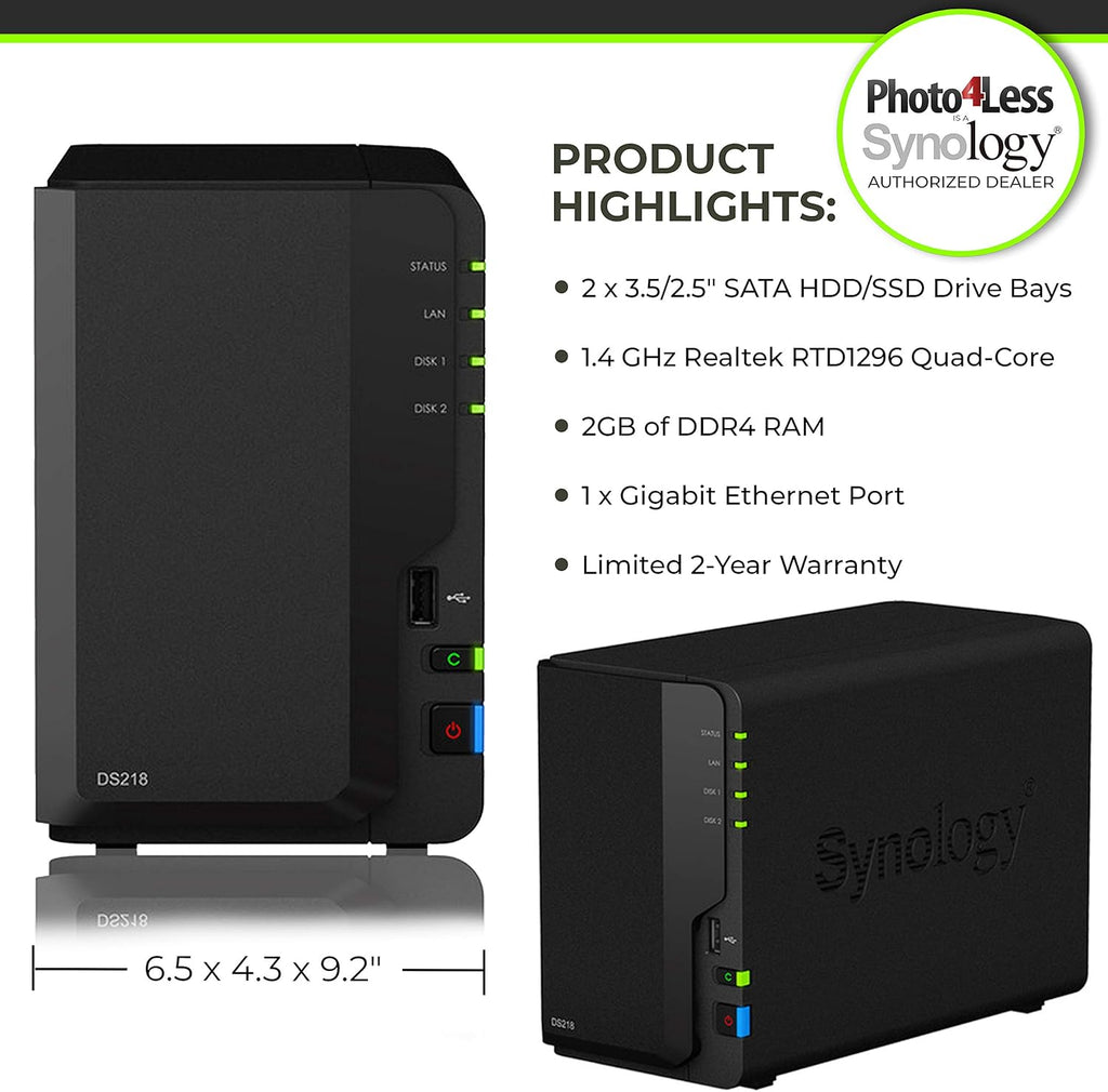 2 Bay NAS DiskStation DS218 Diskless with 2 WD Red Pro 4TB Hard Drives 7200 Class J1210