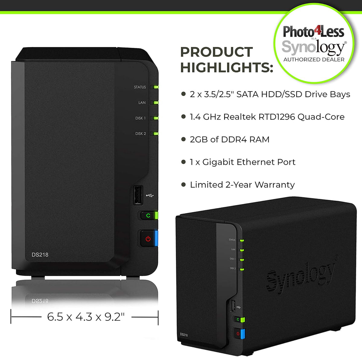 2 Bay NAS DiskStation DS218 Diskless with 2 WD Red Pro 4TB Hard Drives 7200 Class J1210