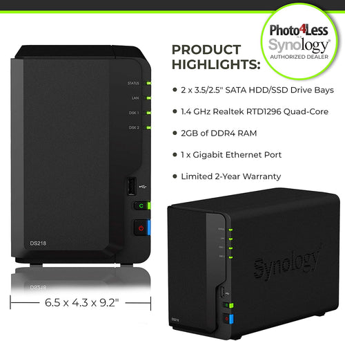 2 Bay NAS DiskStation DS218 Diskless with 2 WD Red Pro 4TB Hard Drives 7200 Class J1210