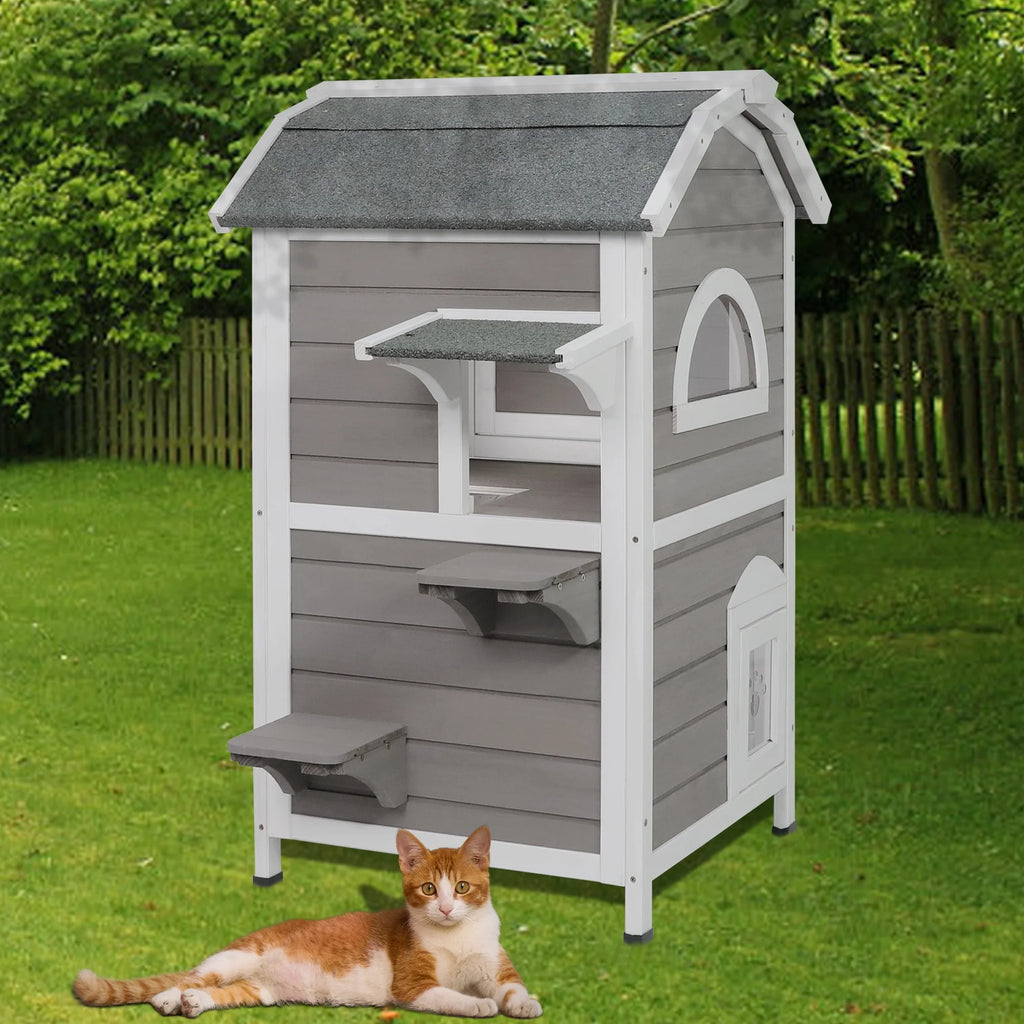 Weatherproof Two Story Wooden Outdoor Cat House Y3963