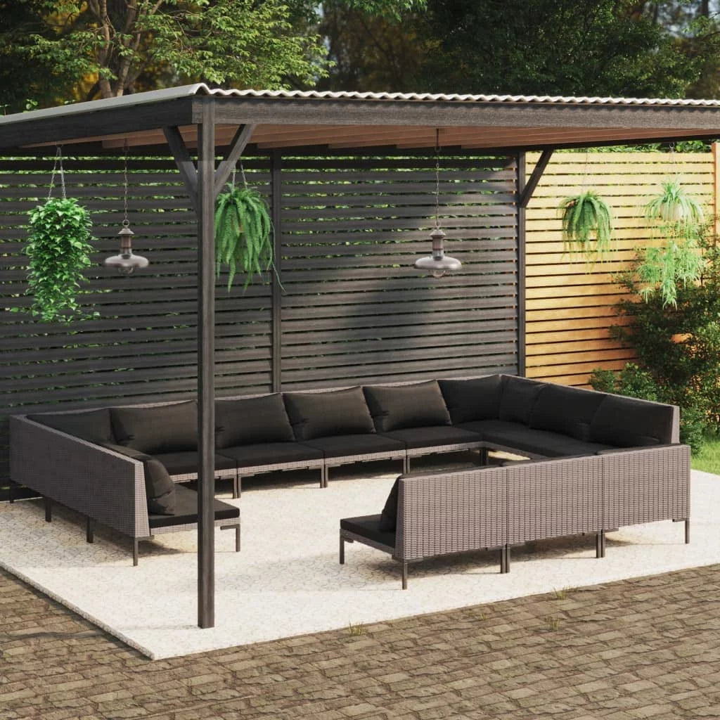 12 Piece Patio Lounge Set with Cushions Poly Rattan Dark Gray T3070