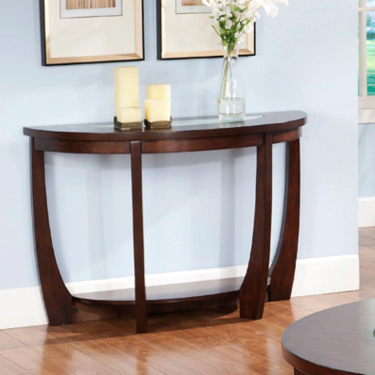 Cherry Finish Wood Sofa Table with Cracked Glass Insert C96733
