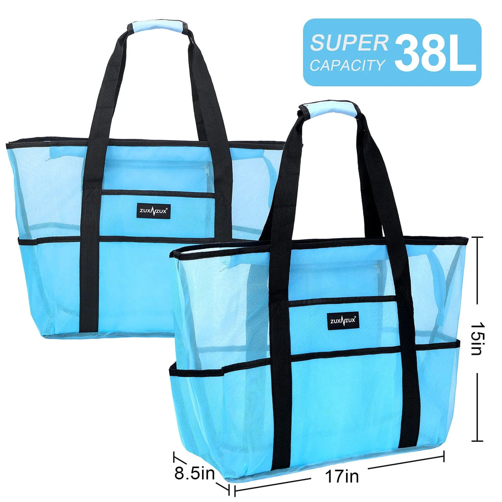 Large Blue Nylon Mesh Beach Pool Bag with Zipper and 8 Pockets B1996