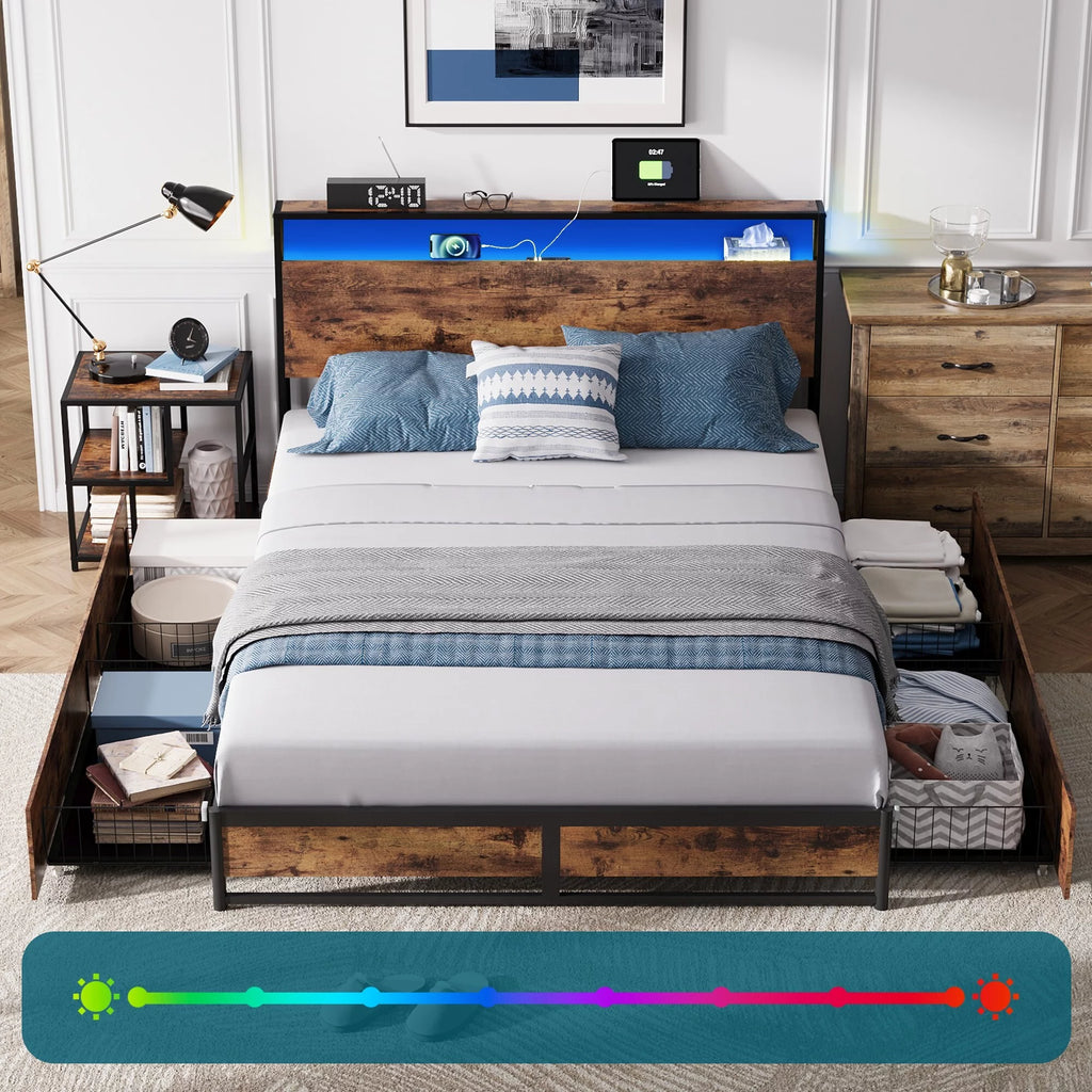 Full Size Platform Bed Frame with Storage Headboard and 4 Storage Drawers B486963