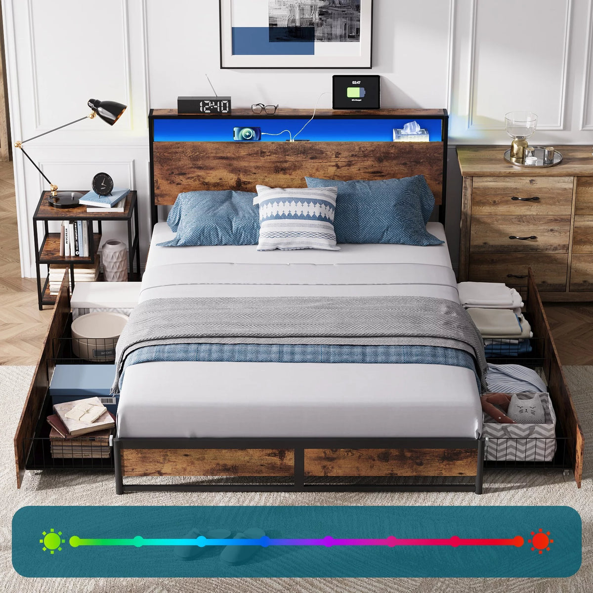 Full Size Platform Bed Frame with Storage Headboard and 4 Storage Drawers B486963