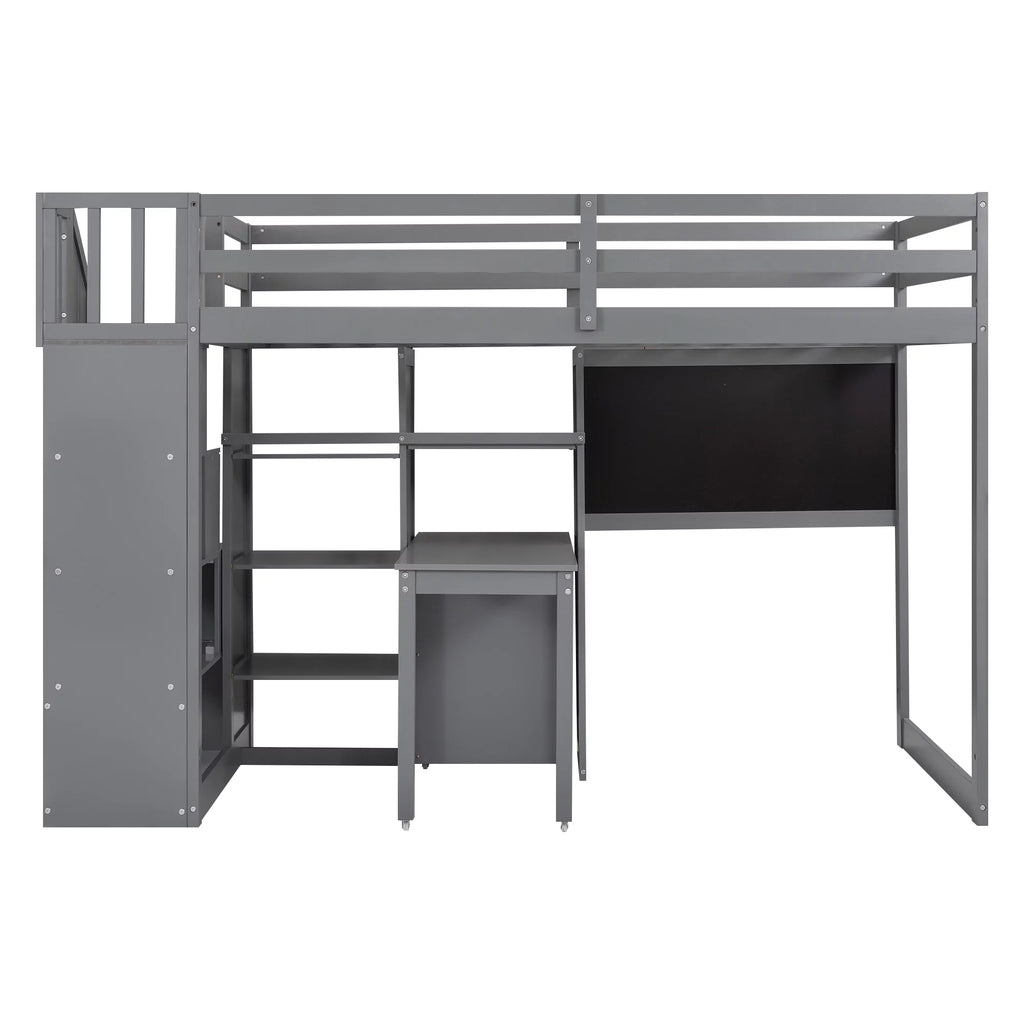 Grey Twin Size Wood Loft Bed with Desk and Storage I8250