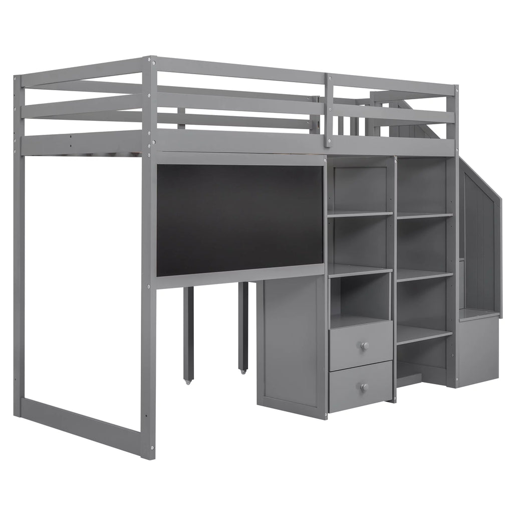 Grey Twin Size Wood Loft Bed with Desk and Storage I8250