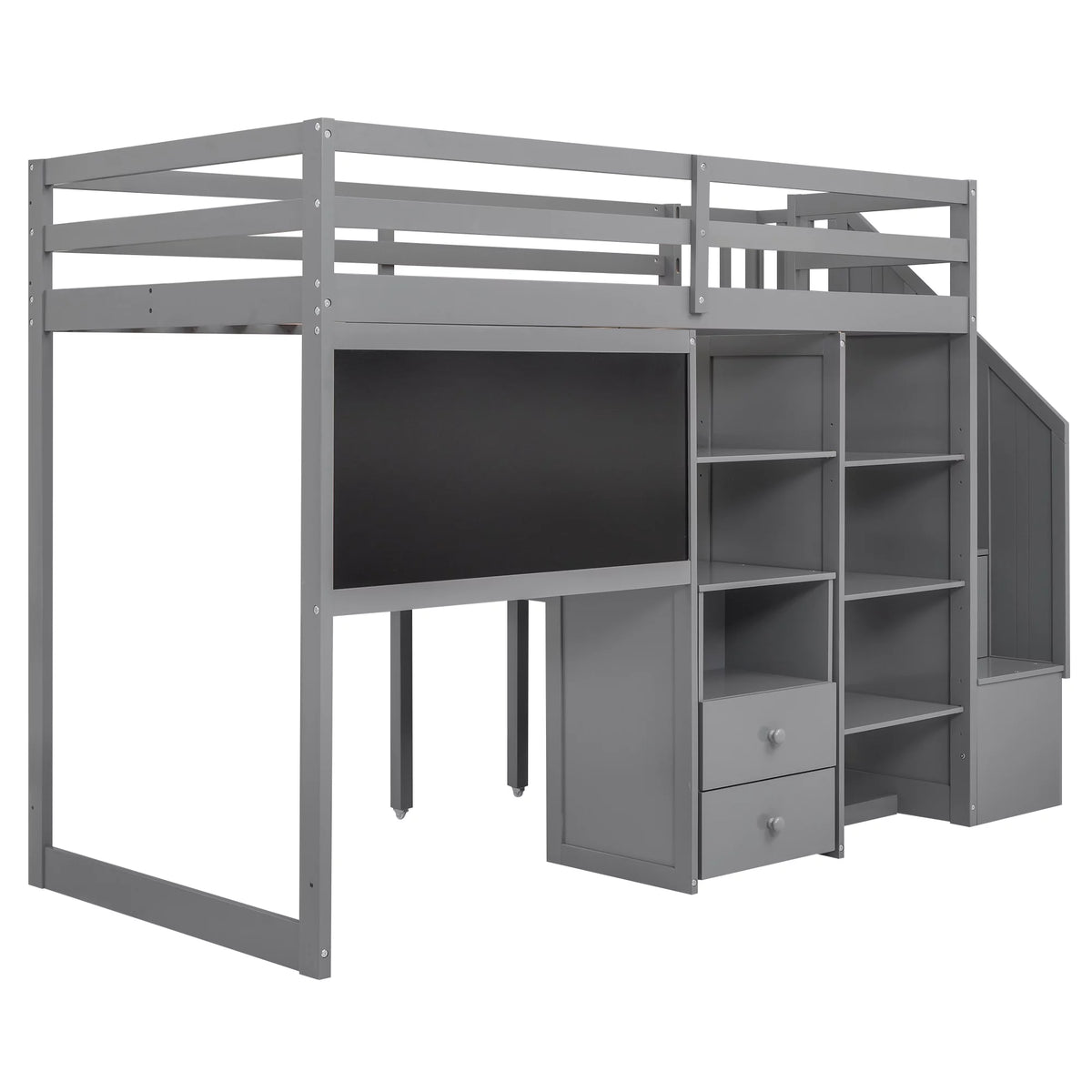 Grey Twin Size Wood Loft Bed with Desk and Storage I8250