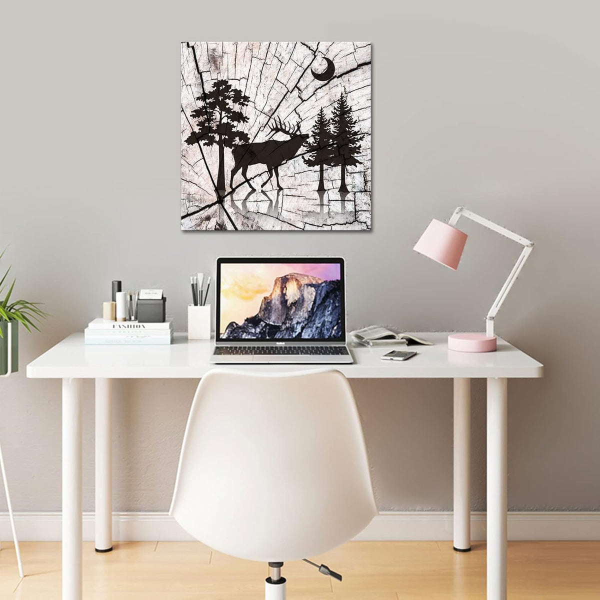 Deer in Forest Canvas Print Black Silhouette Vintage Wood Style Stretched and Framed G368