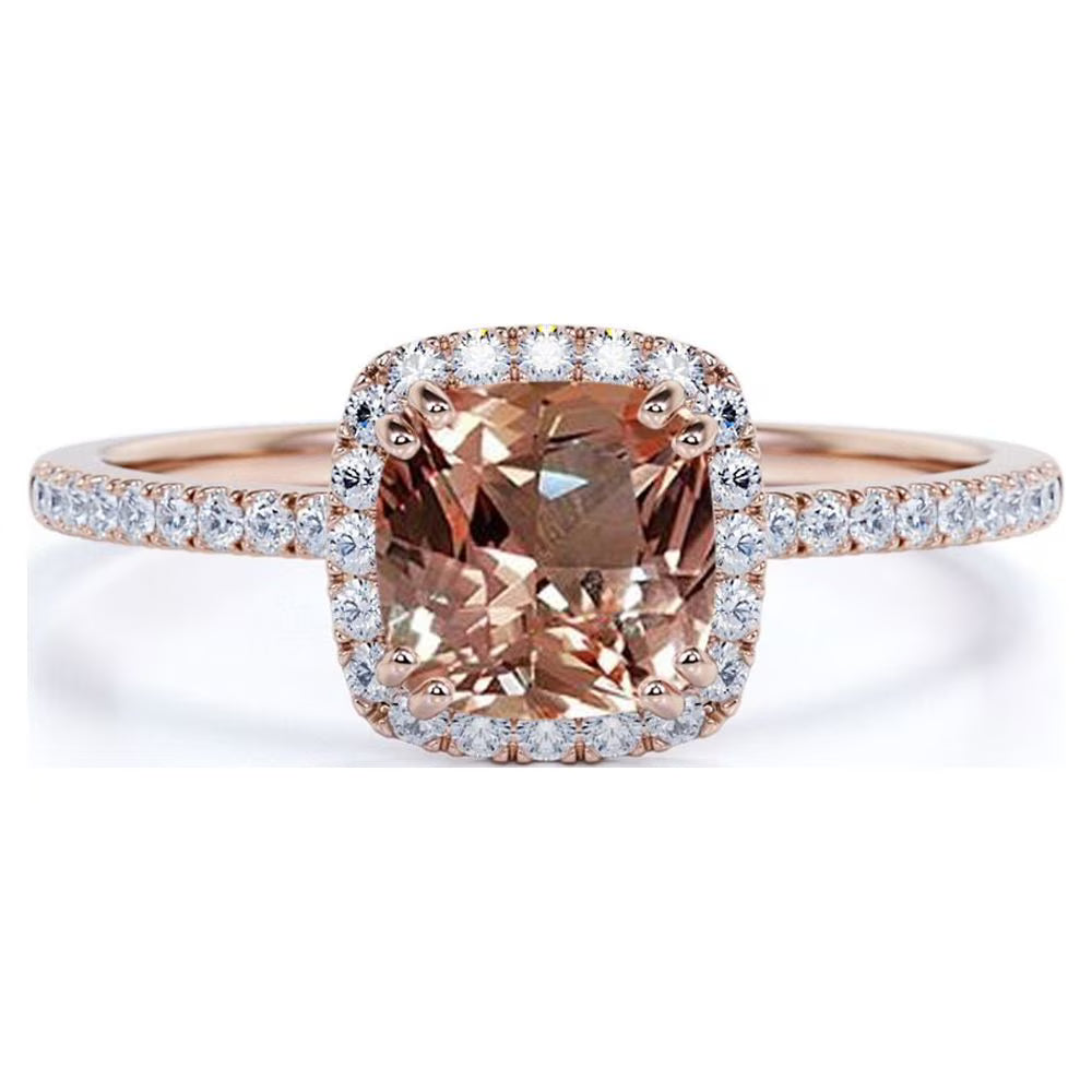 1.75 Carat Cushion Cut created morganite Halo Engagement Ring in 18k Rose Gold over Silver V379