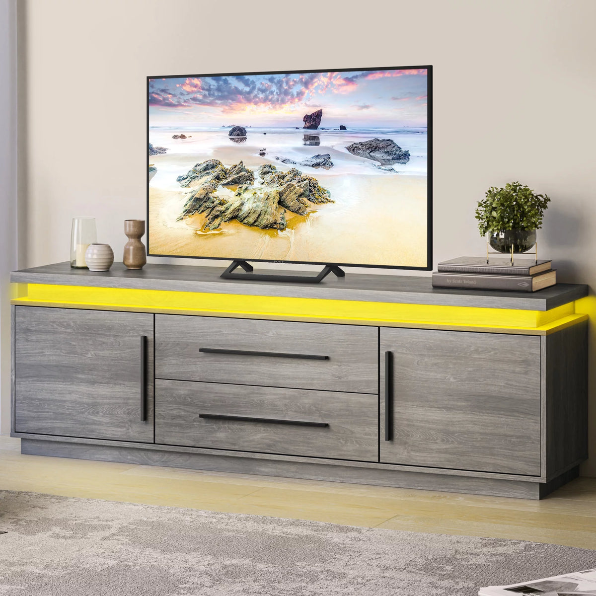 67" TV Stand with LED Lights and Cabinets V627