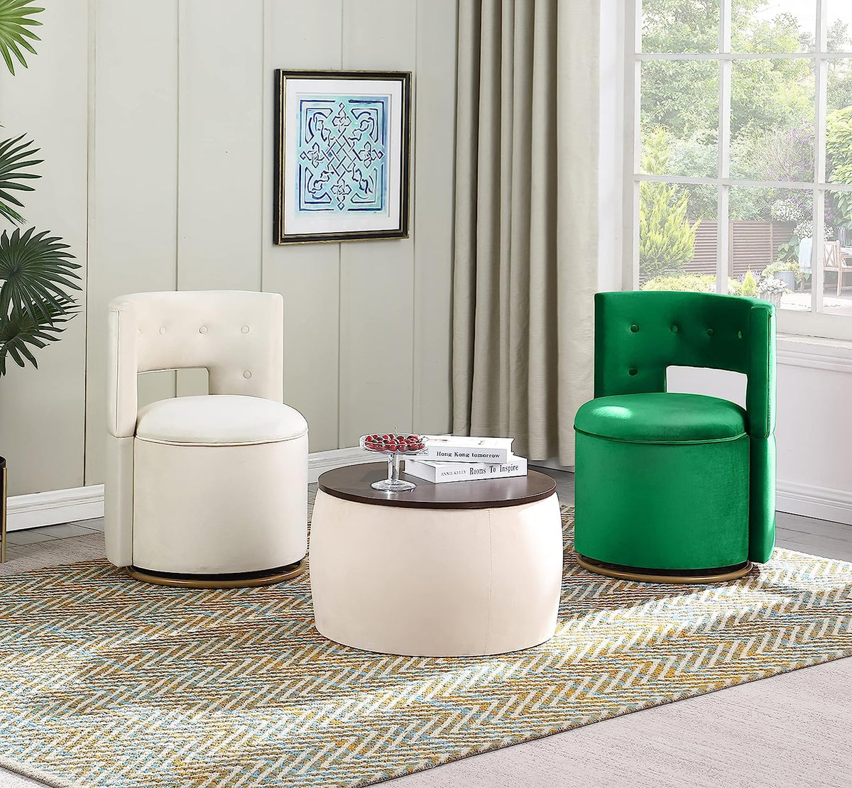 Velvet Swivel Accent Chair with Storage and Gold Metal Base K30542