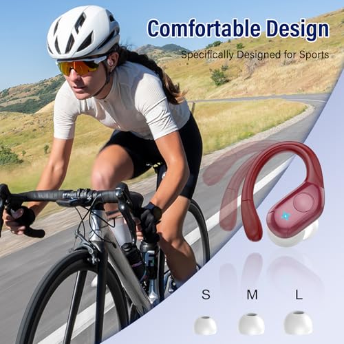 Wireless Bluetooth 5.4 Earbuds with Earhooks, 75H Deep Bass, 4 ENC Mic, IP7 Waterproof, Red V6004