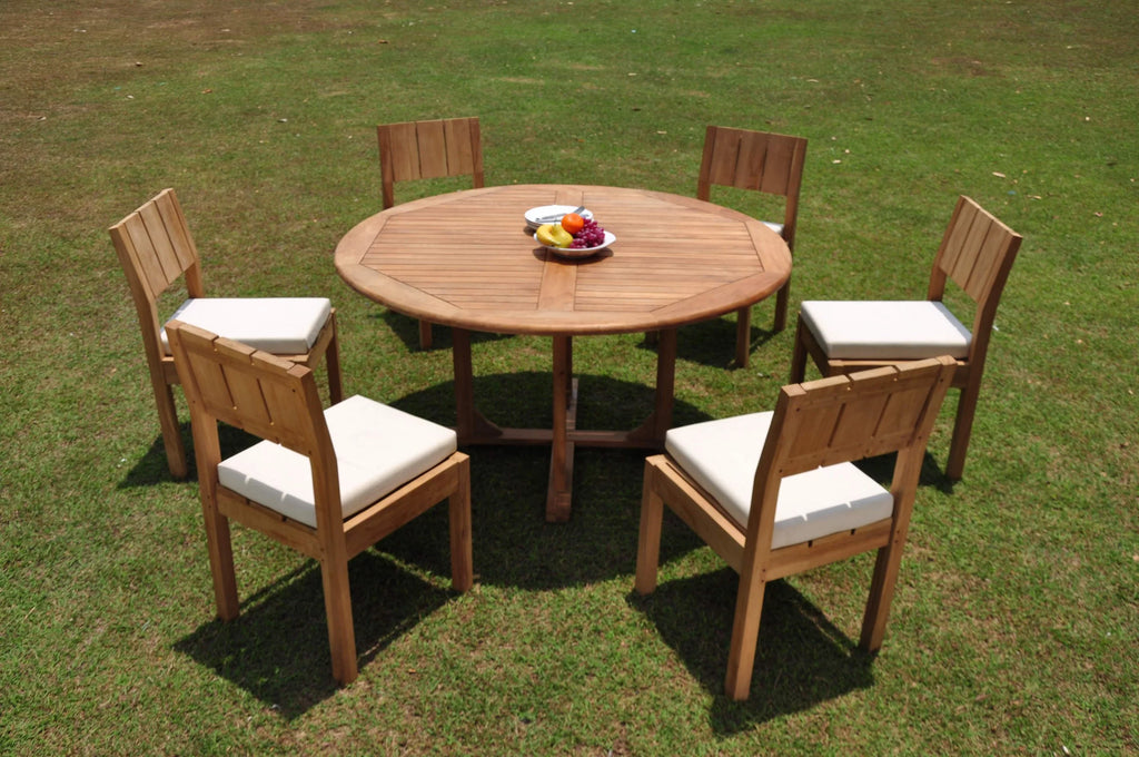 Grade-A Teak 7 Pc Dining Set 60" Round Table 6 Armless Chairs Q21994