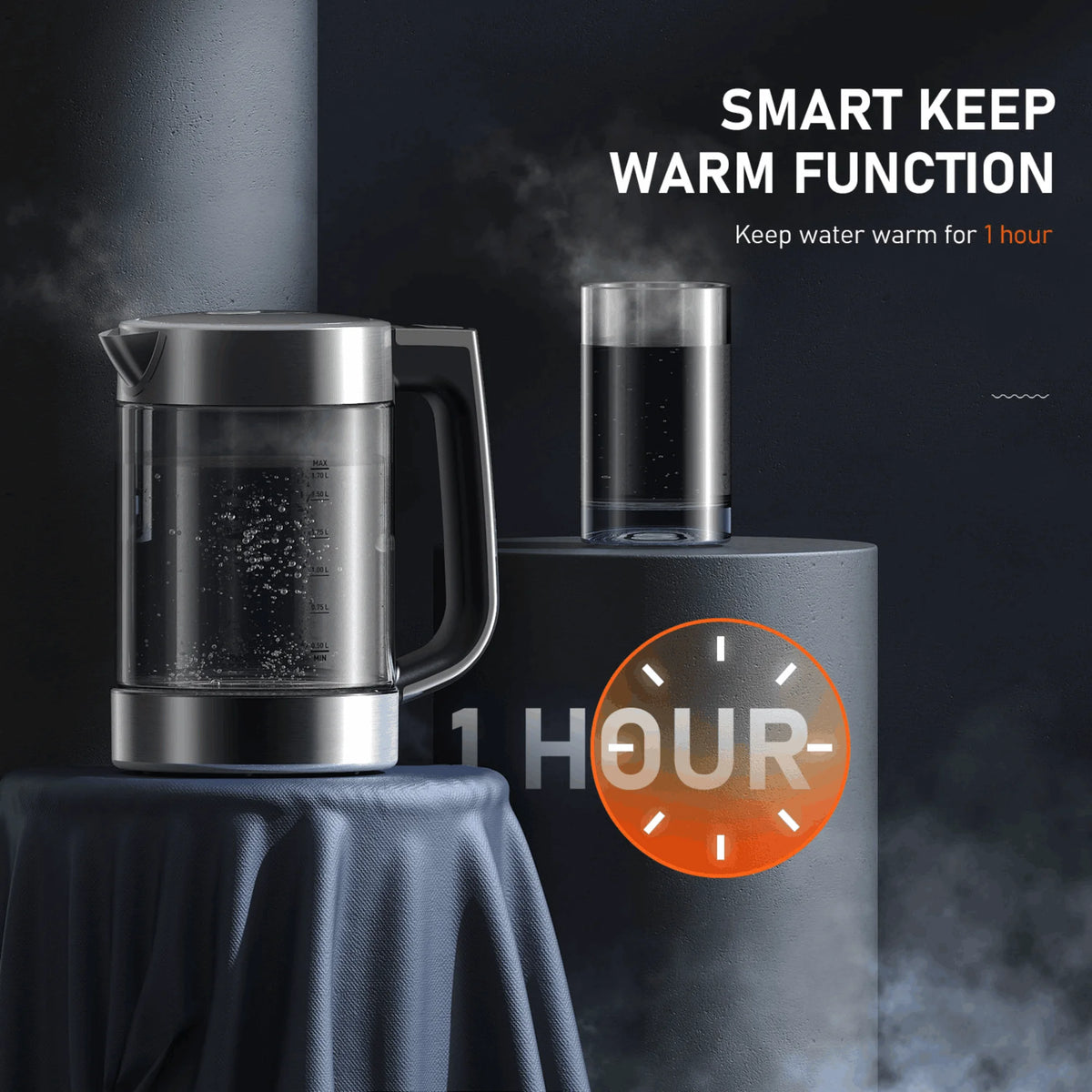 Silver Electric Kettle 1.7L 1500W Glass Y6055