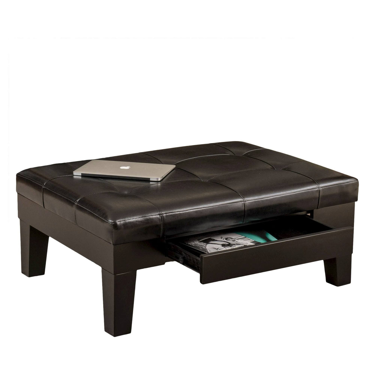 Black Leather Storage Ottoman D730