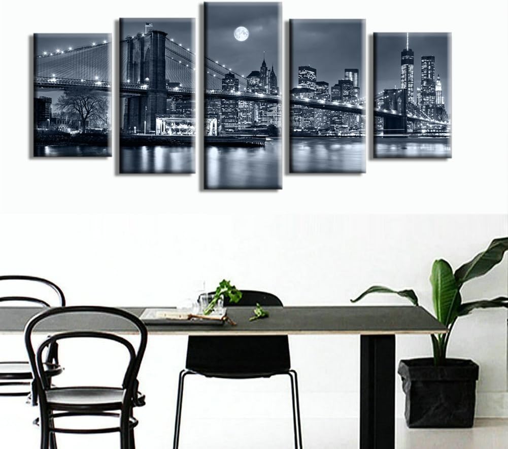 Black and White 5 Pc Framed Canvas Cityscape Wall Art G913354