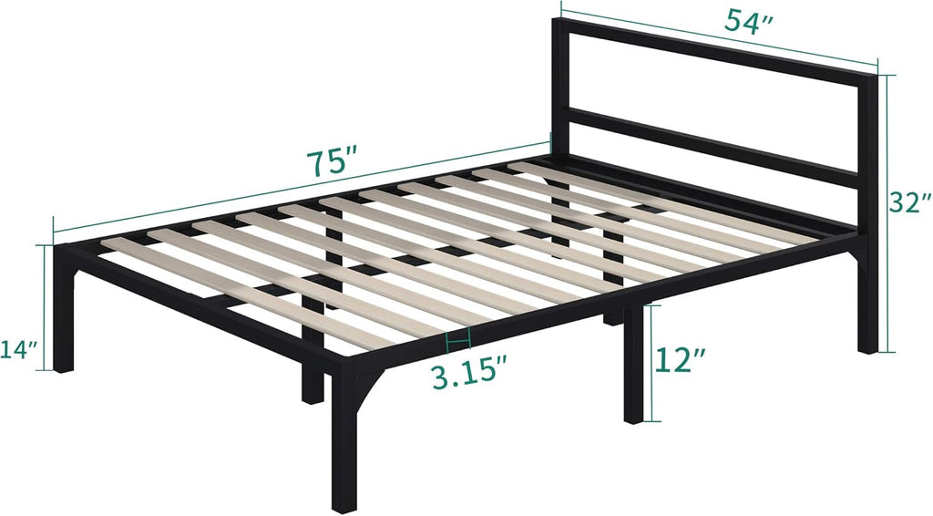Full Size Black Metal Platform Bed Frame with Headboard Y89521