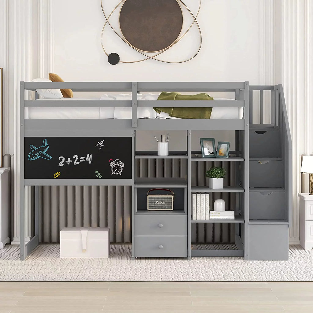 Grey Twin Size Wood Loft Bed with Desk and Storage I8250