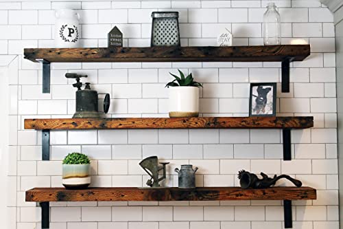 Reclaimed Wood Wall Shelf with Steel Angle Brackets, 36" L x 6" D, Unfinished J94325