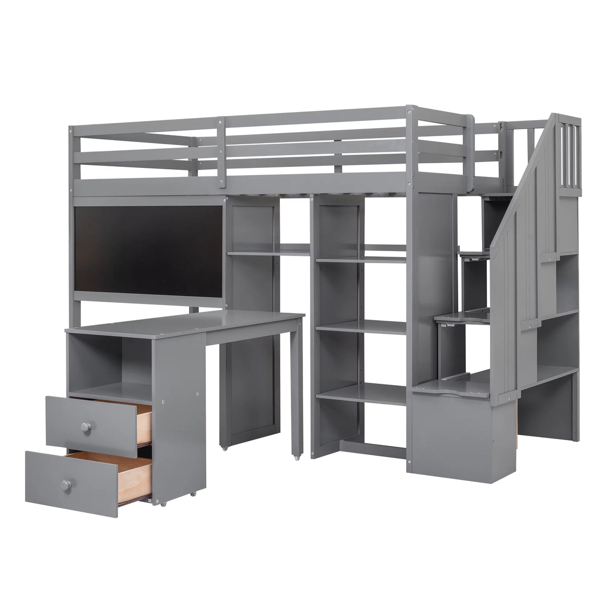 Grey Twin Size Wood Loft Bed with Desk and Storage I8250