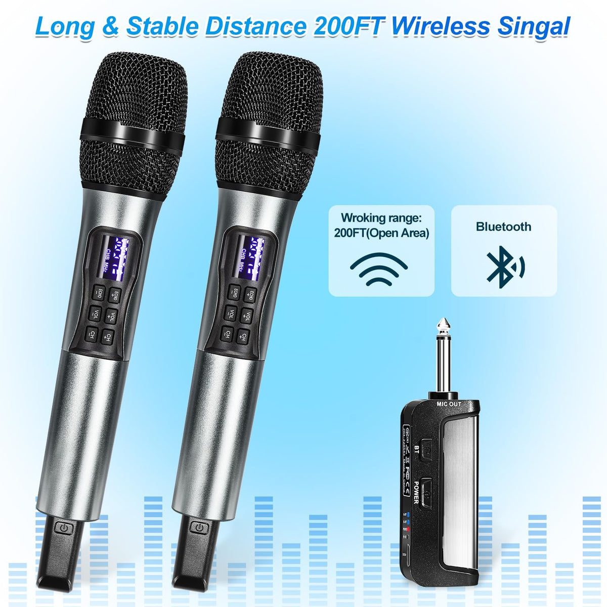 Wireless Handheld Dynamic Cordless Microphone with Rechargeable Bluetooth Receiver, UHF 200 FT Range, 6.5mm/3.5mm Output M9405