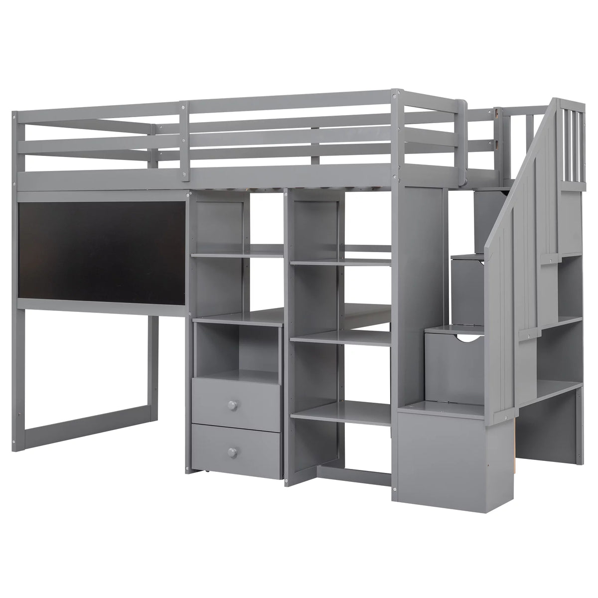 Grey Twin Size Wood Loft Bed with Desk and Storage I8250