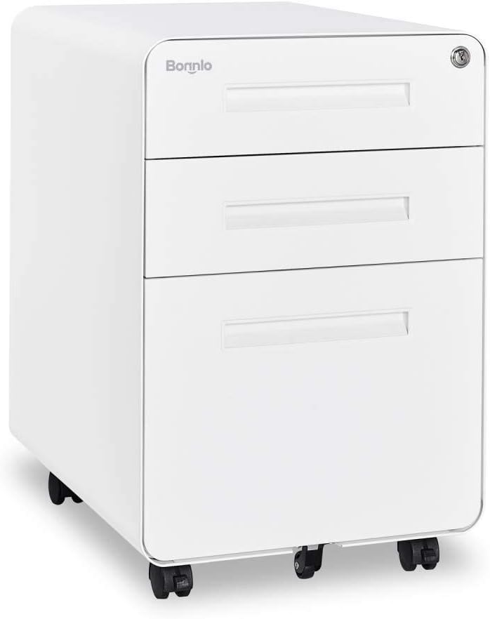 3 Drawer Mobile File Cabinet with Lock, Metal, Black&White H335669