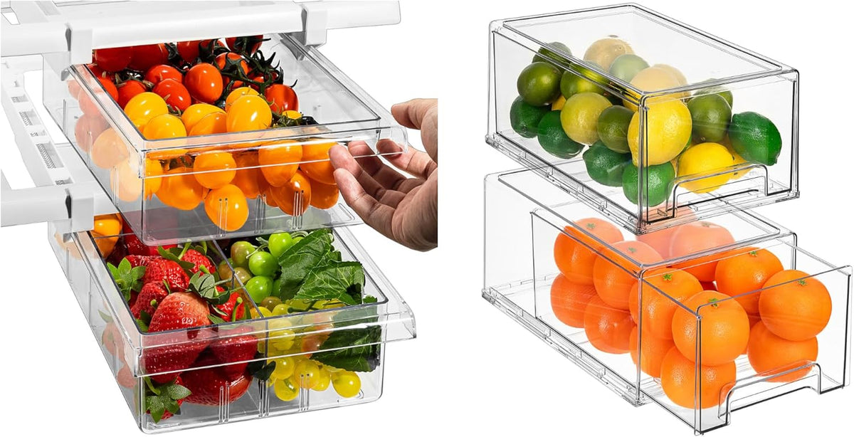 2 Pull Out Fridge Drawers & 2 Large Pull Out Stackable Fridge Bins T12073