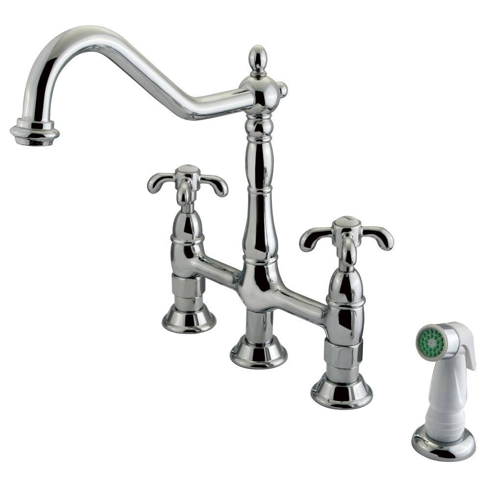 Satin Nickel Double Handle Kitchen Faucet with White Sprayer A740142