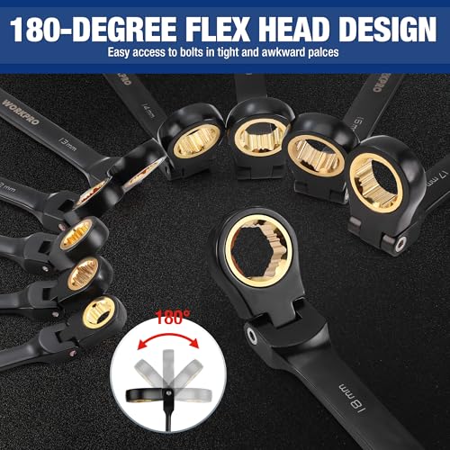 22-piece Ratcheting Wrench Set with 180° Flex Head, Anti-Slip Tooth, Metric 6-18mm & SAE 1/4-3/4", Black Electrophoretic Coating N9344