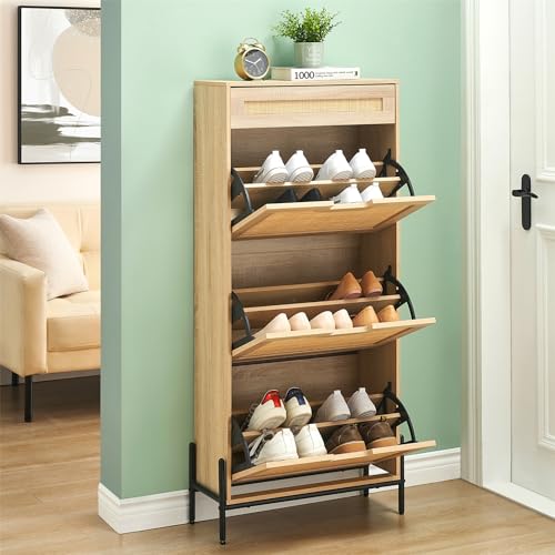 Oak Rattan Shoe Storage Cabinet with 3 Flip Door and 1 Drawer K63178
