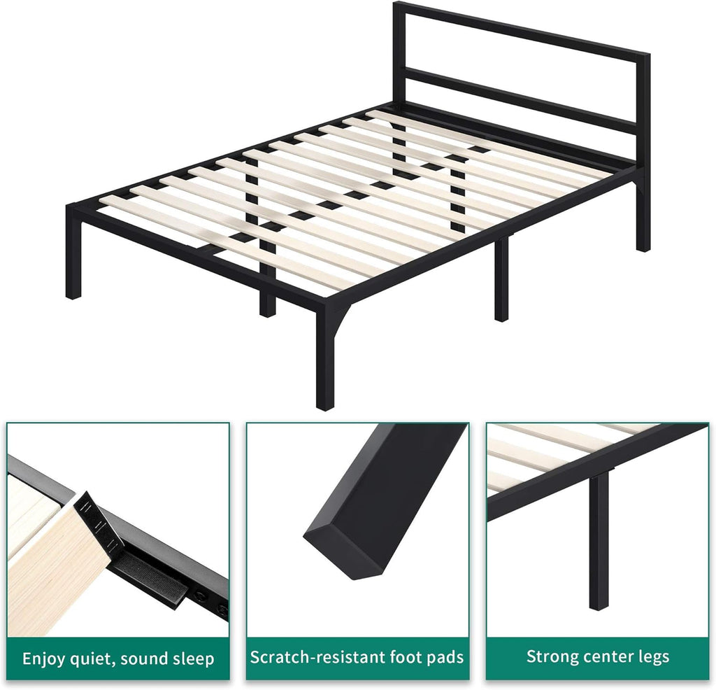 Full Size Black Metal Platform Bed Frame with Headboard Y89521