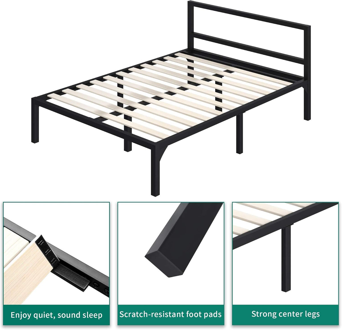 Full Size Black Metal Platform Bed Frame with Headboard Y89521