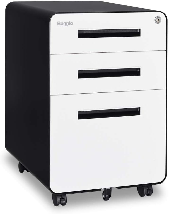 3 Drawer Mobile File Cabinet with Lock, Metal, Black&White H335669