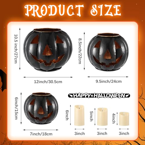 3 Sets Halloween Metal Jack O Lanterns Pumpkin with 3 LED Candles with Black Creepy Cloth Decoration Bundle L45567
